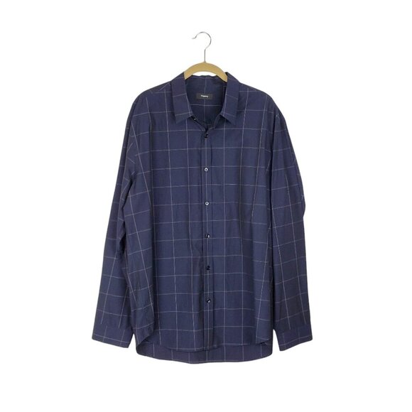 Theory Clean Placket Shirt Navy Blue Mouline Grid Cotton Button Up Mens Size XL - Picture 1 of 9